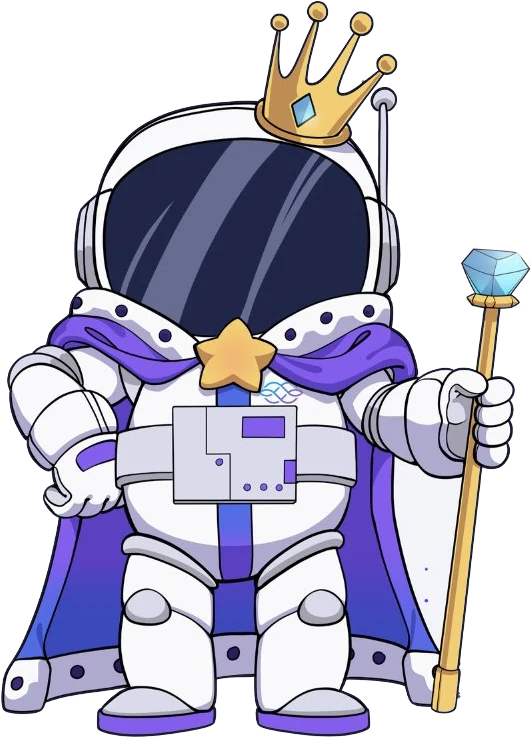 The Iagonaut with a crown, a purple cape and a sceptre